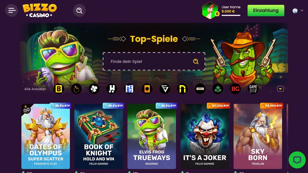 Bizzo Casino – Online Casino mit niedriger Einzahlung und großer Spieleauswahl Bizzo Casino Startseite mit Top-Spielen