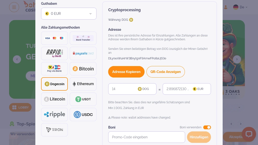 Boho Casino – 3 Euro Einzahlung mit Dogecoin, Bitcoin, Ethereum, Litecoin und weiteren Kryptowährungen Boho Casino 3 Euro Einzahlung mit Kryptowährungen